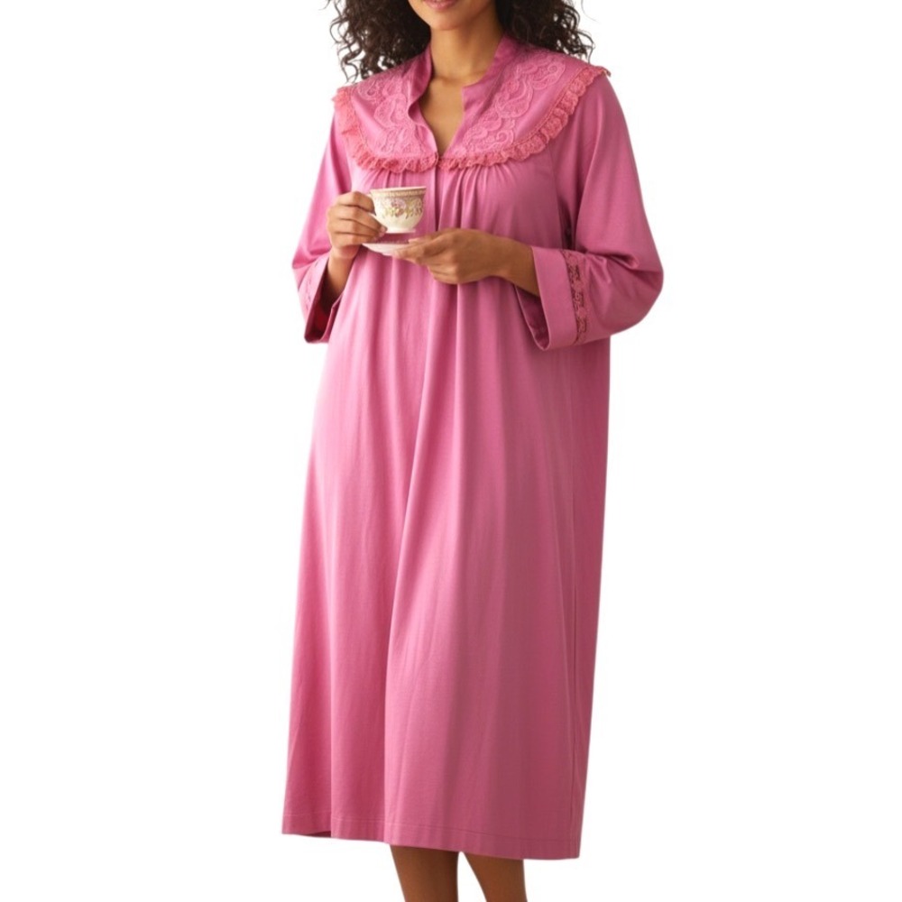 VTG TEXSHEEN Silky NYLON Rose Pink PAISLEY/RUFFLE LACE Button-Up LOUNGE ROBE L